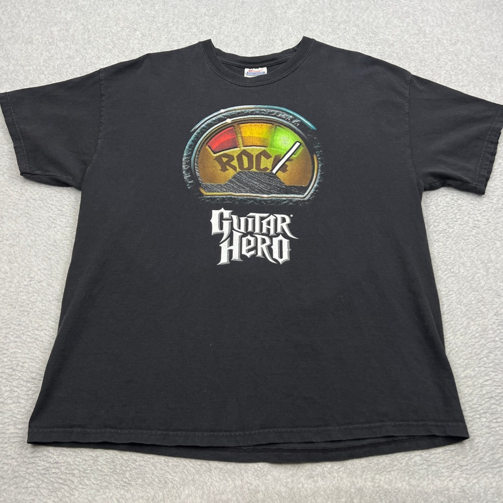 VTG Guitar Hero T-Shirt Mens XL Black Meter "I Rock" Short Sleeve Y2K Crew Tee